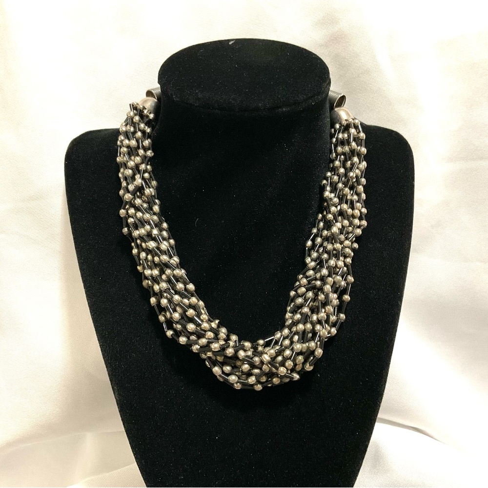 Vintage Black & Silver Multi Strand Beaded Necklace